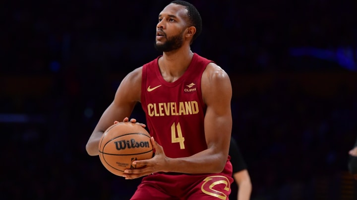 Apr 6, 2024; Los Angeles, California, USA; Cleveland Cavaliers forward Evan Mobley (4) shoots against the Los Angeles Lakers during the first half at Crypto.com Arena. Mandatory Credit: Gary A. Vasquez-USA TODAY Sports