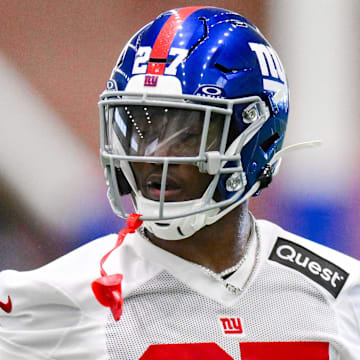 Jun 17, 2025; East Rutherford, NJ, USA; New York Giants safety Tyler Nubin (27) participates in a drill during minicamp at Quest Diagnostics Training Center.  
