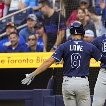 Tampa Bay second baseman Brandon Lowe (8) celebrates his home run against the Toronto Blue Jays with teammate Josh Lowe.