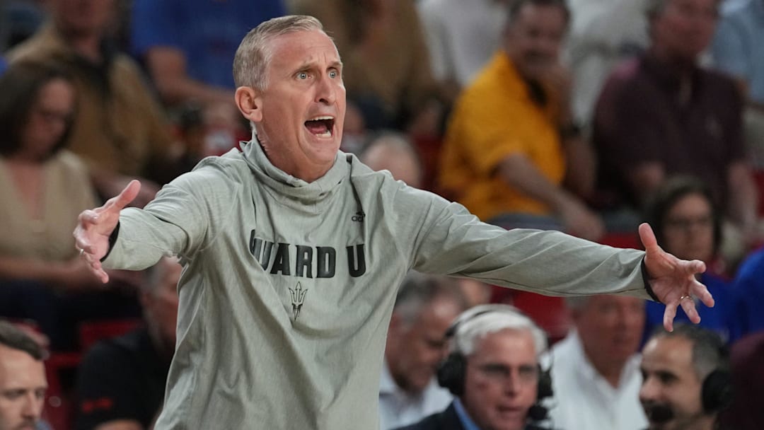 ASU Sun Devils head coach Bobby Hurley yells out to his team as they play the Kansas Jayhawks at Desert Financial Arena in Tempe, on March 3, 2026.