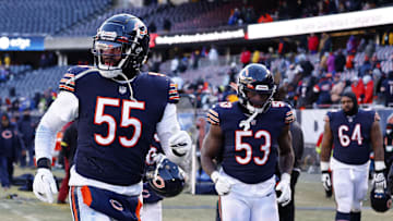 Dec 24, 2022; Chicago, Illinois, USA; Chicago Bears defensive end Al-Quadin Muhammad (55) after the game against the Buffalo Bills at Soldier Field. Mandatory Credit: Mike Dinovo-Imagn Images