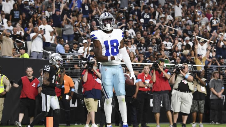 Aug 17, 2024; Paradise, Nevada, USA; Dallas Cowboys wide receiver Ryan Flournoy (18) celebrates his second-quarter touchdown against the Las Vegas Raiders at Allegiant Stadium. 