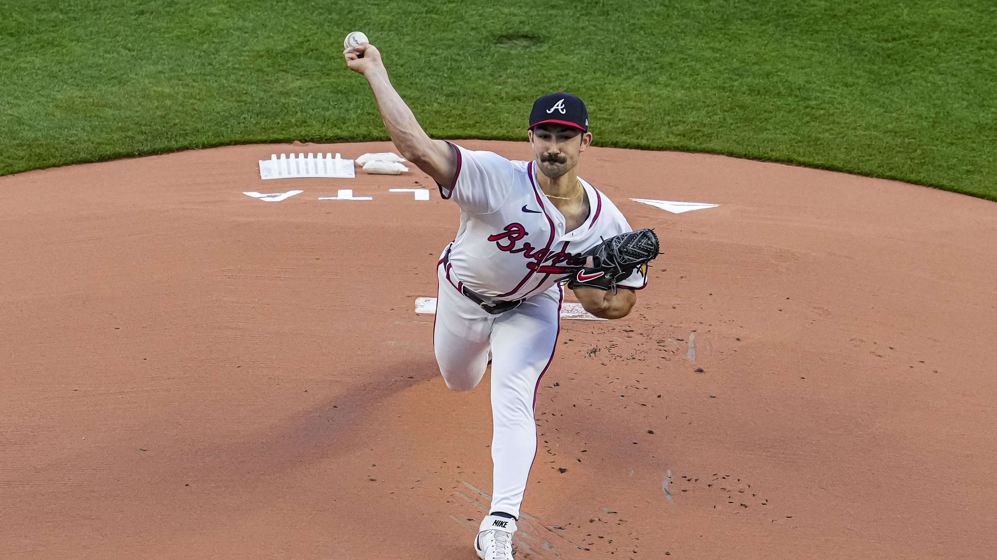 Apr 5, 2024; Cumberland, Georgia, USA; Atlanta Braves pitcher Spencer Strider (99) pitches against