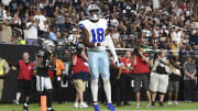 Dallas Cowboys wide receiver Ryan Flournoy (18) celebrates his second quarter touchdown against the Las Vegas Raiders at Allegiant Stadium.