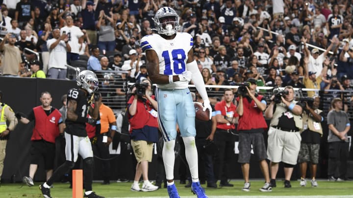 Aug 17, 2024; Paradise, Nevada, USA; Dallas Cowboys wide receiver Ryan Flournoy (18) celebrates his second quarter touchdown against the Las Vegas Raiders at Allegiant Stadium. 