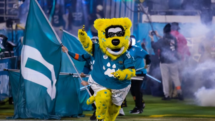 Jan 14, 2023; Jacksonville, Florida, USA; Jacksonville Jaguars mascot Jaxson de Ville against the Los Angeles Chargers during a wild card playoff game at TIAA Bank Field. Mandatory Credit: Mark J. Rebilas-Imagn Images