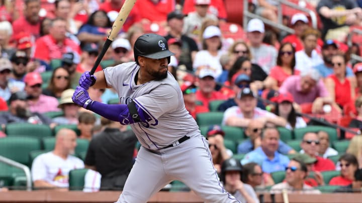 Jun 9, 2024; St. Louis, Missouri, USA; Colorado Rockies catcher Elias Diaz (35) at bat against the St. Louis Cardinals at Busch Stadium. Mandatory Credit: Tim Vizer-USA TODAY Sports