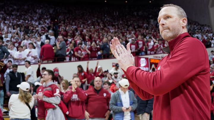 Jan 27, 2026; Bloomington, Indiana, USA; Indiana Hoosiers head coach Darian DeVries celebrates after the game against the Purdue Boilermakers at Simon Skjodt Assembly Hall. Mandatory Credit: Robert Goddin-Imagn Images