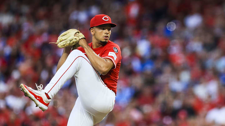 Jul 28, 2025; Cincinnati, Ohio, USA; Cincinnati Reds starting pitcher Chase Burns (26) pitches against the Los Angeles Dodgers in the first inning at Great American Ball Park. Mandatory Credit: Katie Stratman-Imagn Images