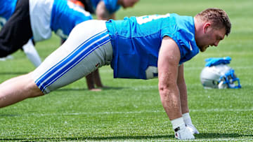 Detroit Lions offensive tackle Mason Miller (63) practices during OTA at Meijer Performance Center in Allen Park on Friday, May 30, 2025.