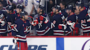 Nov 9, 2024; Winnipeg, Manitoba, CAN; Winnipeg Jets left wing Alex Iafallo (9) celebrates his first period goal against the Dallas Stars at Canada Life Centre. Mandatory Credit: James Carey Lauder-Imagn Images