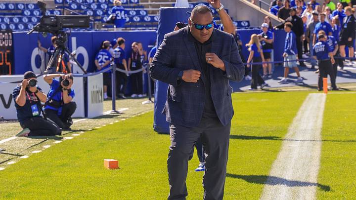 Sep 5, 2026; Provo, Utah, USA;  BYU Cougars head coach Kalani Sitake dances across the field upon arrival to Lavell Edwards Satdium before the game against the Utah Tech Trailblazers.  Mandatory Credit: Rob Gray-Imagn Images