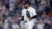 Jul 29, 2025; Bronx, New York, USA; New York Yankees relief pitcher Devin Williams (38) reacts after defeating the Tampa Bay Rays at Yankee Stadium. Mandatory Credit: Brad Penner-Imagn Images