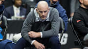 Penn State wrestling coach Cael Sanderson watches a match during the 2023 NCAA Wrestling Championships. 