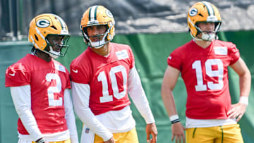 Green Bay Packers quarterback Malik Willis (2), quarterback Jordan Love (10), and quarterback Taylor Elgersma (19) participate in the team's minicamp at Ray Nitschke Field. Mandatory Credit: Benny Sieu-Imagn Images
