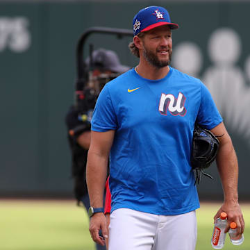 National League pitcher Clayton Kershaw (22) of the Los Angeles Dodgers during workouts before the 2025 MLB All Star Game at Truist Park on Tuesday.