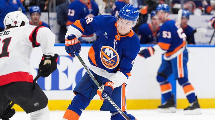Apr 11, 2026; Elmont, New York, USA; New York Islanders defenseman Matthew Schaefer (48) shoots the puck in the second period at UBS Arena. Mandatory Credit: Alexander Wohl-Imagn Images Apr 11, 2026; Elmont, New York, USA; New York Islanders defenseman Matthew Schaefer (48) shoots the puck in the second period at UBS Arena. Mandatory Credit: Alexander Wohl-Imagn Images
