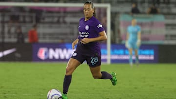 Oct 6, 2024; Orlando, Florida, USA; Orlando Pride forward Summer Yates (28) controls the ball in the second half against the Washington Spirit at Inter&Co Stadium. Mandatory Credit: Mike Watters-Imagn Images