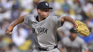 May 31, 2025; Los Angeles, California, USA; New York Yankees pitcher Will Warren (98) pitches in the first inning against the Los Angeles Dodgers at Dodger Stadium. Mandatory Credit: Jayne Kamin-Oncea-Imagn Images