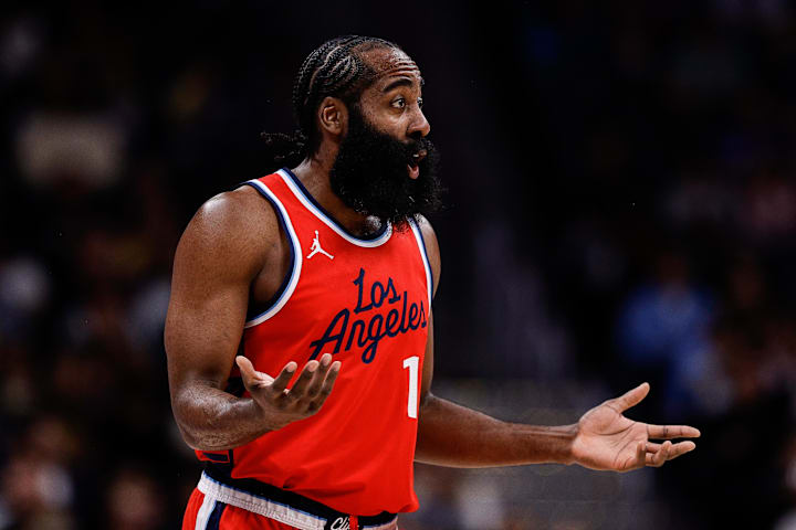 Los Angeles Clippers guard James Harden reacts in the first quarter against the Denver Nuggets on Dec. 13, 2024.