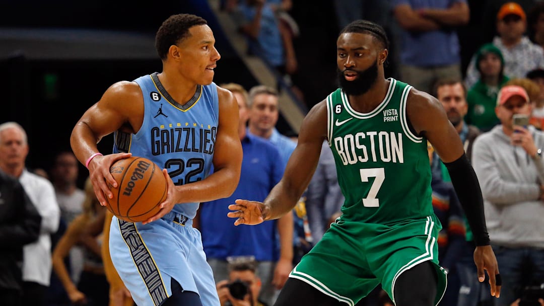 Nov 7, 2022; Memphis, Tennessee, USA; Memphis Grizzlies guard Desmond Bane (22) and Boston Celtics guard Jaylen Brown (7) during the second half at FedExForum. Mandatory Credit: Petre Thomas-Imagn Images