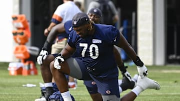 Jul 28, 2022; Lake Forest, IL, USA;  Chicago Bears offensive lineman Braxton Jones (70) during training camp at PNC Center at Halas Hall. Mandatory Credit: Matt Marton-Imagn Images