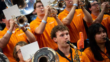 The Pride of the Southland pep band plays Rocky Top before a NCAA Tournament Elite Eight game between Tennessee and Purdue held at Little Caesars Arena in Detroit on Sunday, March 31, 2024.
