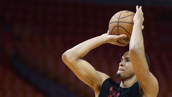 Dec 25, 2023; Miami, Florida, USA; Miami Heat center Orlando Robinson (25) warms up before the game against the Philadelphia 76ers at Kaseya Center. Mandatory Credit: Rhona Wise-USA TODAY Sports