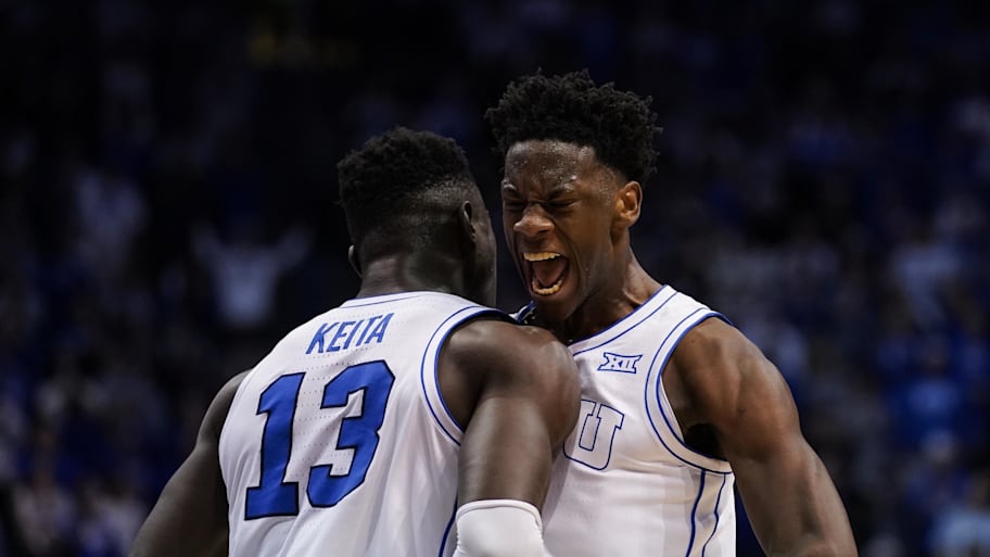 BYU Cougars forward AJ Dybantsa and forward Keba Keita reacts during the second half against the Texas Tech Red Raiders.