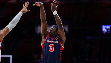 Dec 18, 2024; Tucson, Arizona, USA; Samford Bulldogs guard Trey Fort (3) attempts to shoot a three pointer during the first half against the Arizona Wildcats at McKale Center. Mandatory Credit: Aryanna Frank-Imagn Images