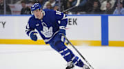 Apr 2, 2025; Toronto, Ontario, CAN; Toronto Maple Leafs forward Mitch Marner (16) skates against the Florida Panthers during the third period at Scotiabank Arena. Mandatory Credit: John E. Sokolowski-Imagn Images