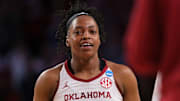 Oklahoma Sooners forward Sahara Williams (6) during the second round of the NCAA March Madness Women's college basketball game between University of Oklahoma Sooners and Iowa Hawkeyes at the Lloyd Noble Center in Norman, Okla., on March 24, 2025.