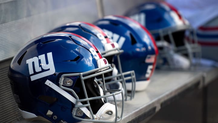 Sep 22, 2019; Tampa, FL, USA; General view of New York Giants helmets on the bench prior to the game against the Tampa Bay Buccaneers at Raymond James Stadium.  