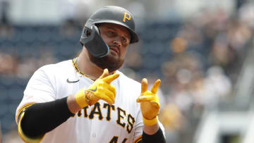 Jul 24, 2024; Pittsburgh, Pennsylvania, USA;  Pittsburgh Pirates first baseman Rowdy Tellez (44) reacts as he circles the bases after hitting a solo home run against the St. Louis Cardinals during the fourth inning at PNC Park. Mandatory Credit: Charles LeClaire-USA TODAY Sports