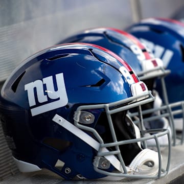 Sep 22, 2019; Tampa, FL, USA; General view of New York Giants helmets on the bench prior to the game against the Tampa Bay Buccaneers at Raymond James Stadium. M 