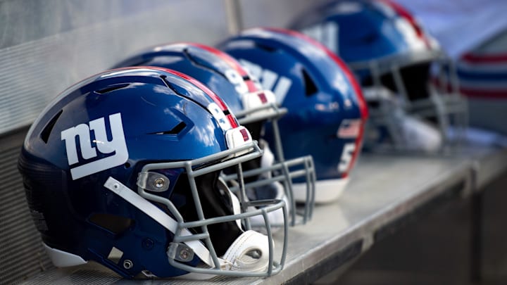 Sep 22, 2019; Tampa, FL, USA; General view of New York Giants helmets on the bench prior to the game against the Tampa Bay Buccaneers at Raymond James Stadium. M 