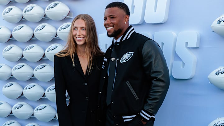 Former Penn State and current Philadelphia Eagles running back Saquon Barkley with fiancee Anna Congdon at Eagles Super Bowl Ring Ceremony