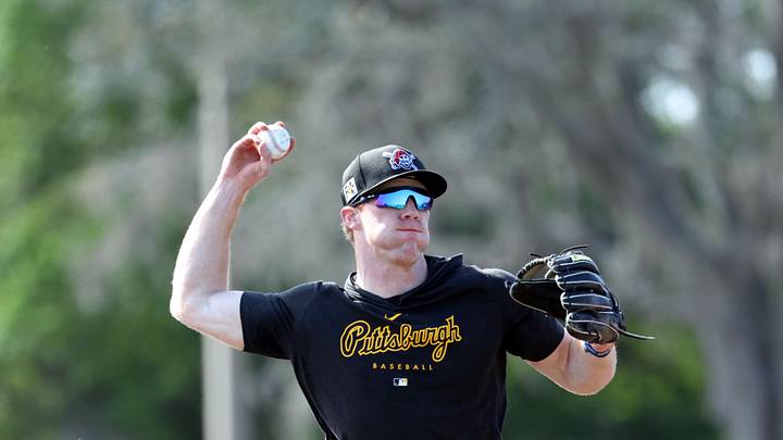 Feb 14, 2025; Bradenton, FL, USA;  Pittsburgh Pirates infielder Jack Brannigan (83)  during spring training workouts at Pirate City. Mandatory Credit: Kim Klement Neitzel-Imagn Images