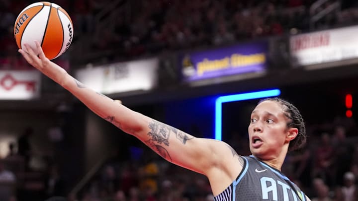 July 11, 2025; Indianapolis, Indiana, USA; Atlanta Dream center Brittney Griner (42) rebounds the ball during a game against the Indiana Fever at Gainbridge Fieldhouse. Mandatory Credit: Grace Smith/INDIANAPOLIS STAR-Imagn Images