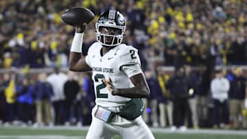 Oct 26, 2024; Ann Arbor, Michigan, USA;  Michigan State Spartans quarterback Aidan Chiles (2) passes in the first half against the Michigan Wolverines at Michigan Stadium. Mandatory Credit: Rick Osentoski-Imagn Images
