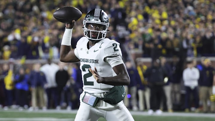 Oct 26, 2024; Ann Arbor, Michigan, USA;  Michigan State Spartans quarterback Aidan Chiles (2) passes in the first half against the Michigan Wolverines at Michigan Stadium. Mandatory Credit: Rick Osentoski-Imagn Images