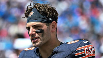 Aug 10, 2024; Orchard Park, New York, USA; Chicago Bears tight end Cole Kmet (85) on the sideline in the second quarter of a pre-season game against the Buffalo Bills at Highmark Stadium. Mandatory Credit: Mark Konezny-Imagn Images