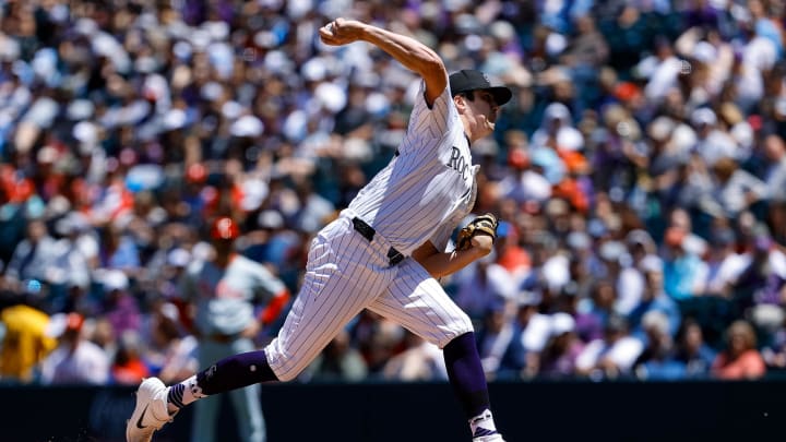May 26, 2024; Denver, Colorado, USA; Colorado Rockies starting pitcher Cal Quantrill (47) pitches in the first inning against the Philadelphia Phillies at Coors Field. Mandatory Credit: Isaiah J. Downing-USA TODAY Sports