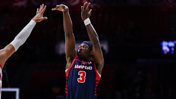 Dec 18, 2024; Tucson, Arizona, USA; Samford Bulldogs guard Trey Fort (3) attempts to shoot a three pointer during the first half against the Arizona Wildcats at McKale Center. Mandatory Credit: Aryanna Frank-Imagn Images
