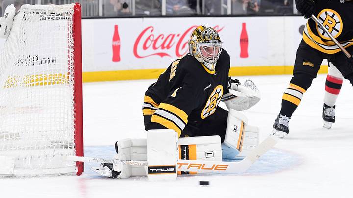 Apr 14, 2026; Boston, Massachusetts, USA; Boston Bruins goaltender Jeremy Swayman (1) makes a save during the second period against the New Jersey Devils at TD Garden. Mandatory Credit: Bob DeChiara-Imagn Images Apr 14, 2026; Boston, Massachusetts, USA; Boston Bruins goaltender Jeremy Swayman (1) makes a save during the second period against the New Jersey Devils at TD Garden. Mandatory Credit: Bob DeChiara-Imagn Images
