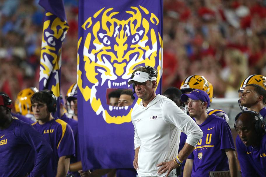 LSU coach Lane Kiffin looks on during the second quarter against Ole Miss at Vaught-Hemingway Stadium.