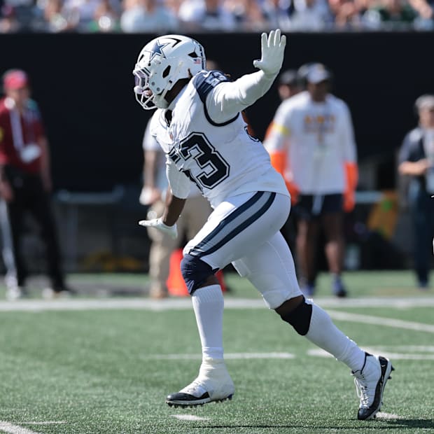 Dallas Cowboys defensive end James Houston reacts after a sack against the New York Jets.