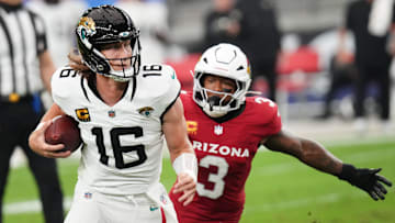 Arizona Cardinals safety Budda Baker (3) closes in for a sack on Jacksonville Jaguars quarterback Trevor Lawrence (16) at State Farm Stadium on Nov. 23, 2025.
