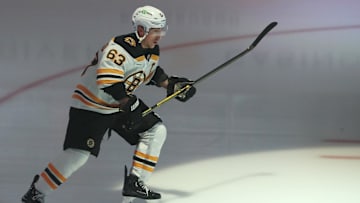 Mar 1, 2025; Pittsburgh, Pennsylvania, USA;  Boston Bruins left wing Brad Marchand (63) takes the ice to warm up against the Pittsburgh Penguins at PPG Paints Arena. Mandatory Credit: Charles LeClaire-Imagn Images