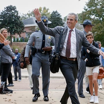 Nov 1, 2025; Oxford, Mississippi, USA; South Carolina Gamecocks head coach Shane Beamer walks into Vaught-Hemingway Stadium prior to the game against the Mississippi Rebels. Mandatory Credit: Petre Thomas-Imagn Images